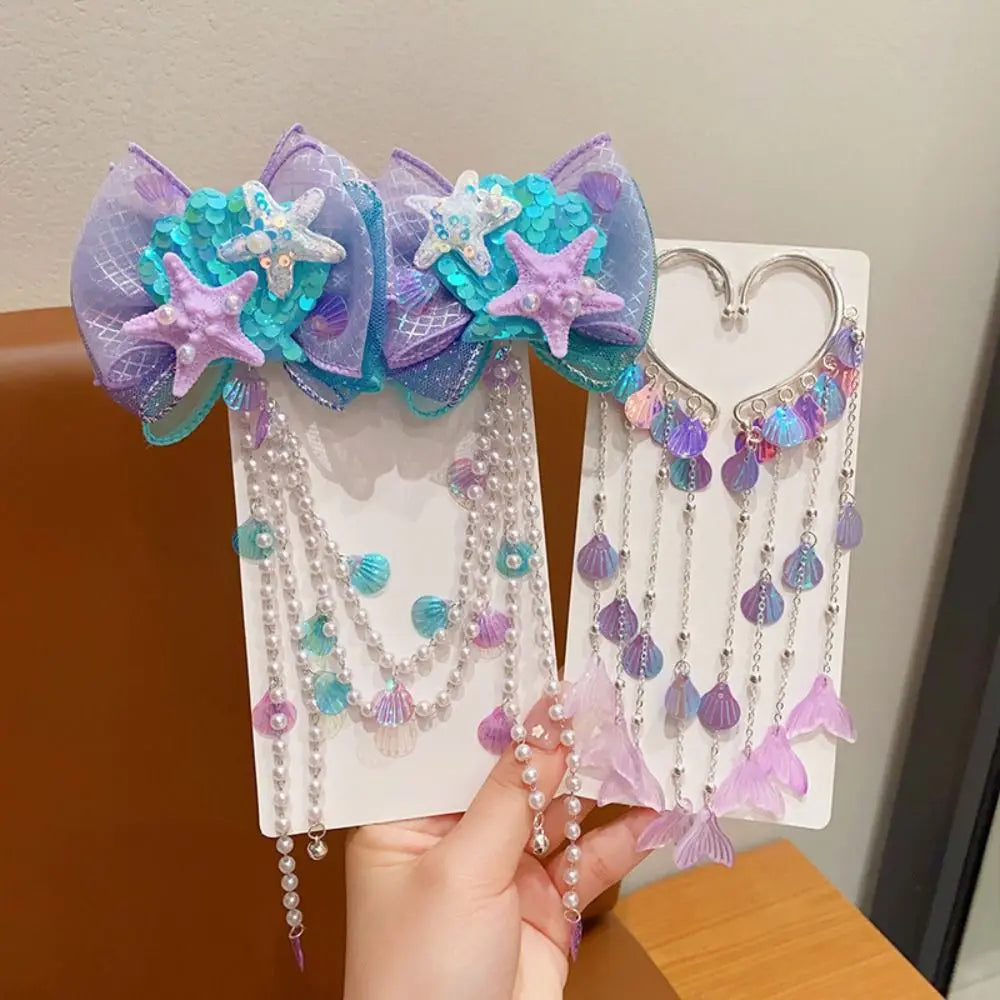 Cute Children Mermaid Pearl Hair Clip Princess Tassel Forehead Chain Tassel Bow Accessories