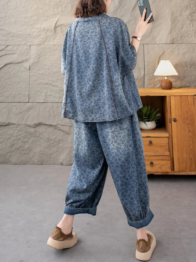 AmaxluluE 2025 Summer Women Denim Suits Loose Printed Two Pieces Sets Floral Outfit O Neck Tops Tees Vintage Jeans Fashion Pants