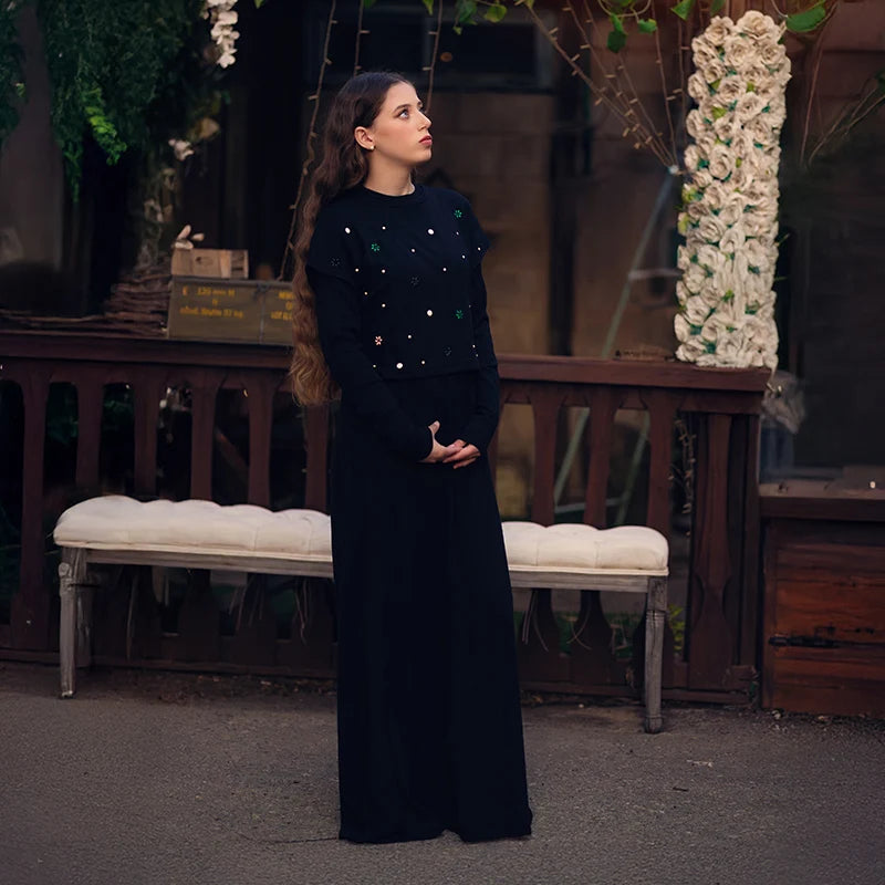 Maxikleid Damen Langarmkleid Blumen und Perlen Oberteil Freizeitkleid Rundhals Schwarz Modal Ripp-Oberteil Größen XS-XXXL