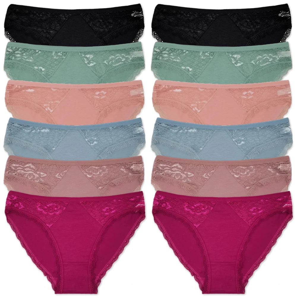 Cotton Panties Women's Underwear Panty Fashion Lace Briefs Girls Low Waist Shorts Female Lingerie Culottes 12 Pcs/set