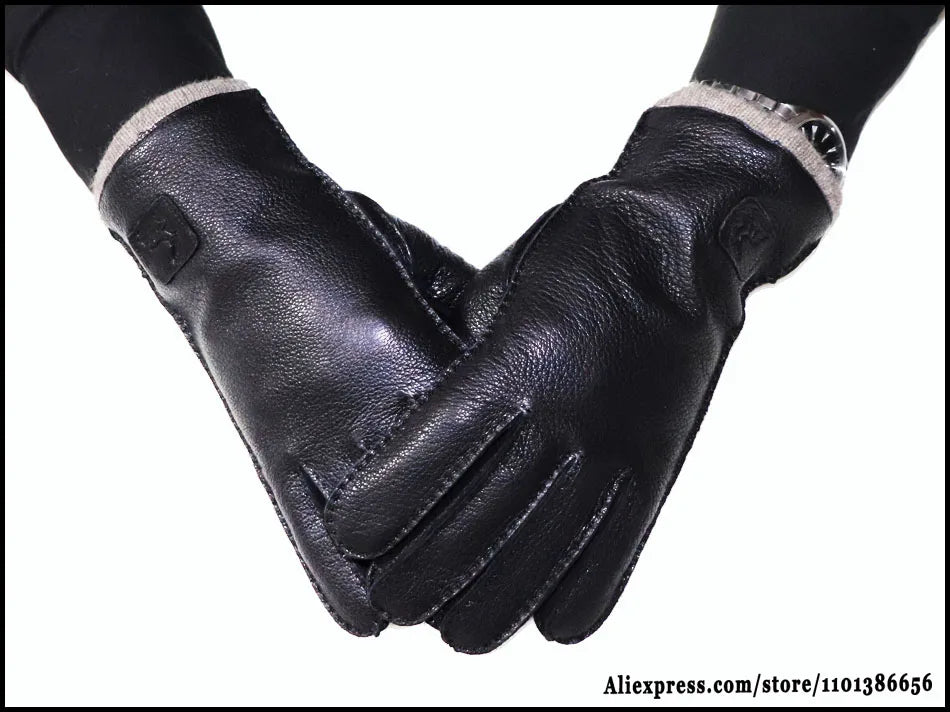 Men's and Women's High-end Buckskin Goat Leather Gloves Autumn and Winter Thin Warm Knitted Wool Lining Driving Leather Gloves
