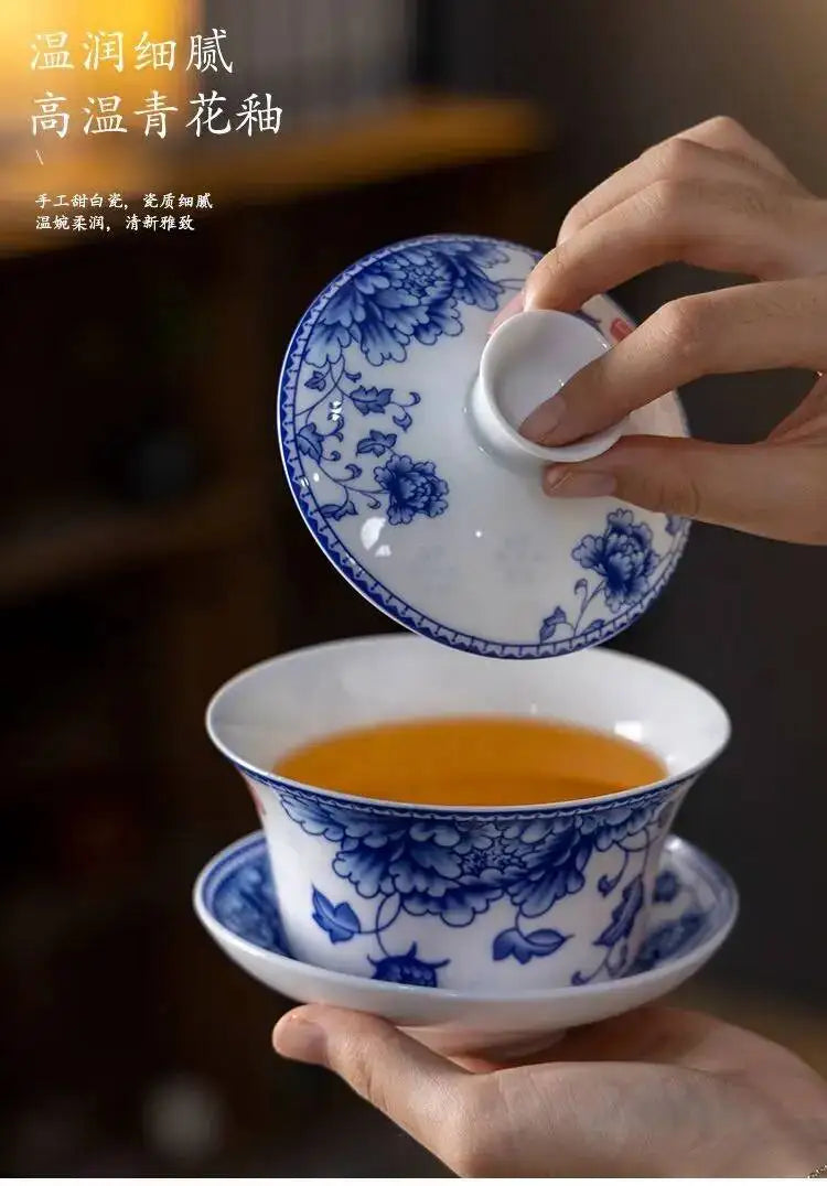 Blue and White Porcelain Gaiwan Tea Cup Large White Porcelain Ningxia Eight Treasures Tea Bowl Set Three Talents Tea Bowl Tea