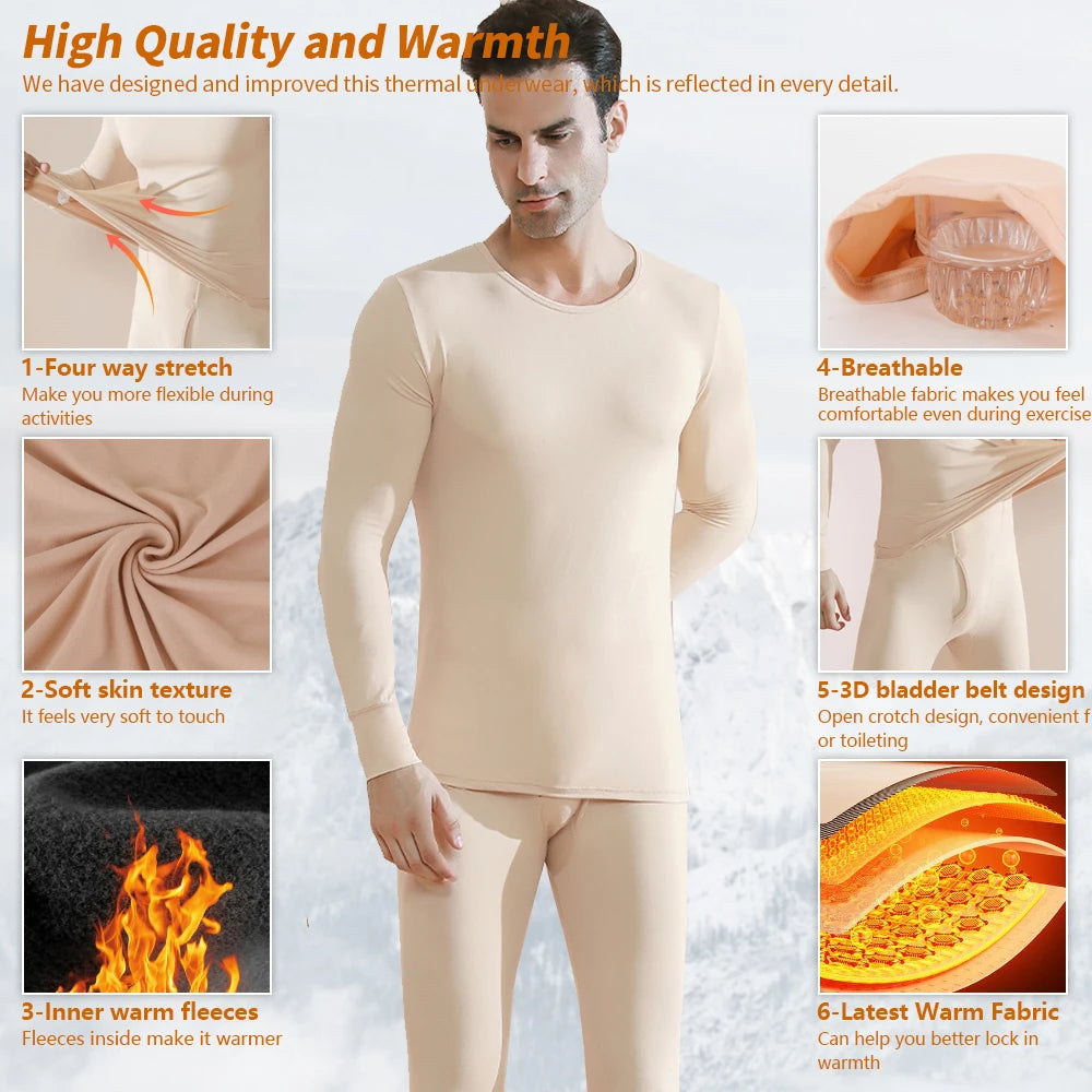 Thermal Underwear for Men Winter Fleece Bottom Johns T-shirt 2PCS Elastic Casual Home Suit Skin-friendly Breathable Clothing New