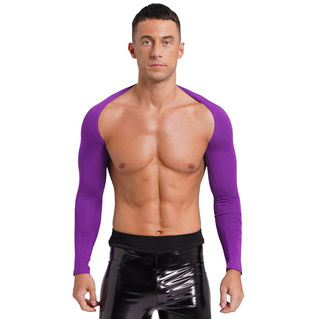 Men Open Front Half Crop Top Solid Long Sleeve Cardigan Bolero Shrug Tops Muscle Arm Sleeves Workout Sports Gym Tops Clubwear
