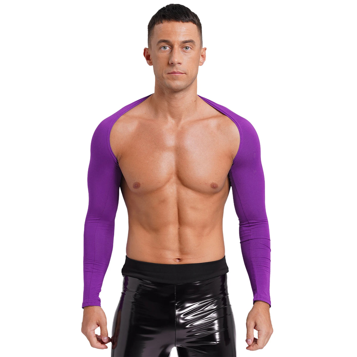 Men Open Front Half Crop Top Solid Long Sleeve Cardigan Bolero Shrug Tops Muscle Arm Sleeves Workout Sports Gym Tops Clubwear
