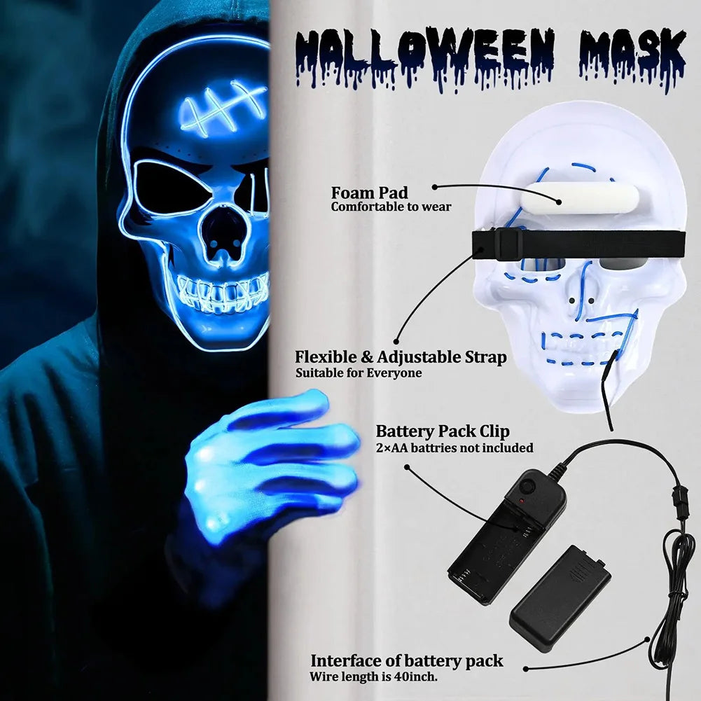 Halloween LED Mask With Gloves,Glowing Skull Mask Costume Set,Lights Up Horror Costume Props Halloween Party Cosplay Accessories