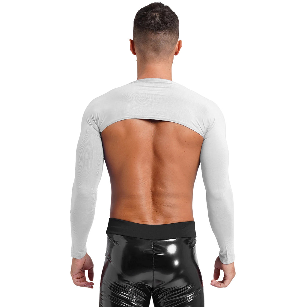 Men Open Front Half Crop Top Solid Long Sleeve Cardigan Bolero Shrug Tops Muscle Arm Sleeves Workout Sports Gym Tops Clubwear