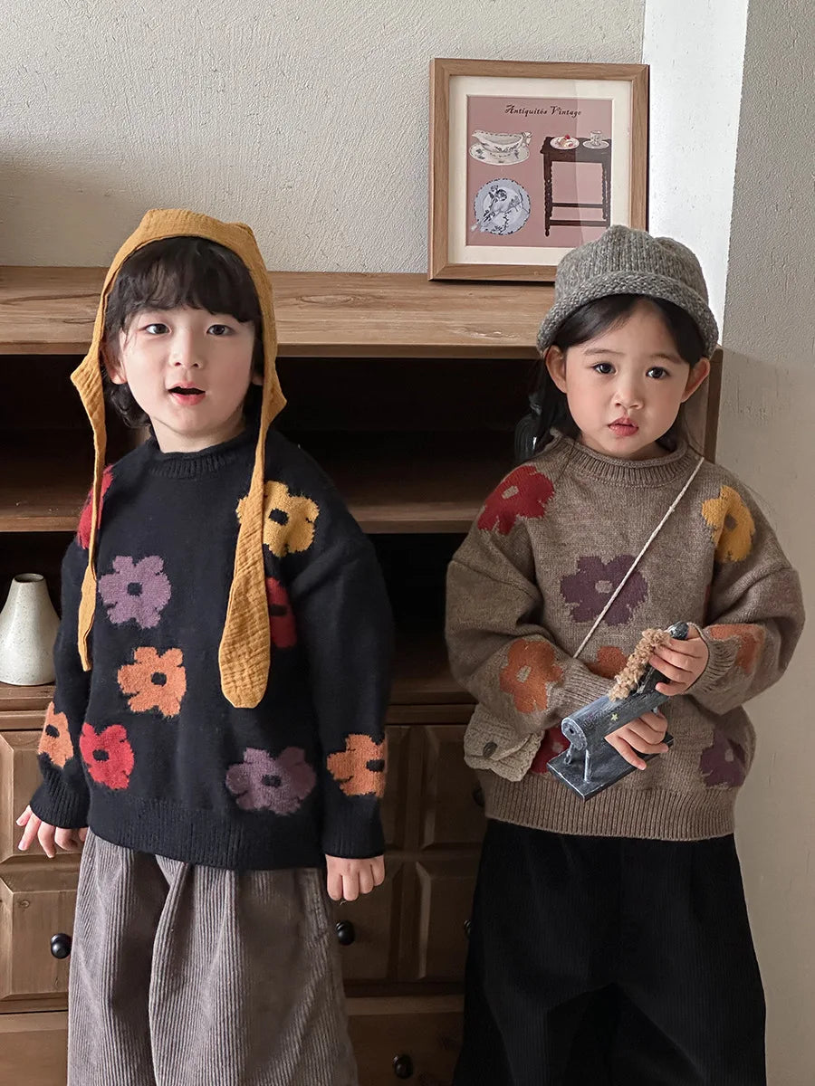 deer jonmi 2025 New Autumn Unisex Children Flowers Knitted Sweaters Retro Baby Boys Girls Pullovers Sweater