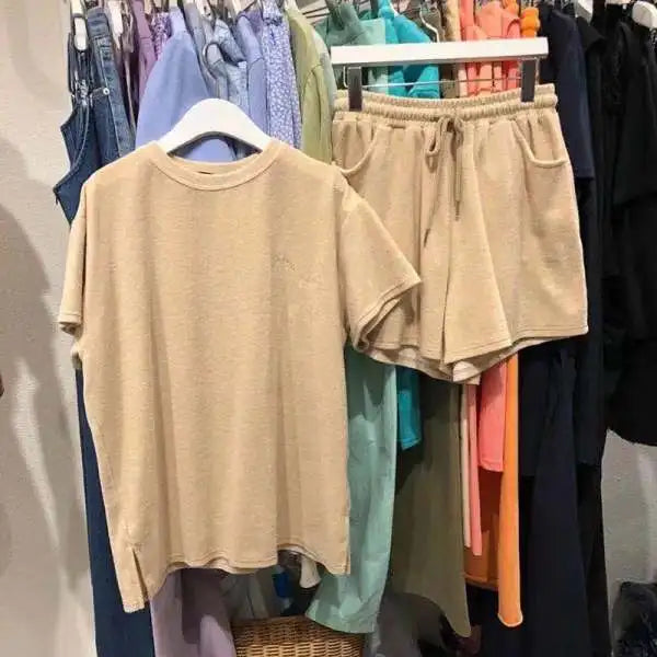 Two Piece Shorts Set Women Short Sleeve Shirt Solid Loose Casual Drawstring Pants Suits Pocket Round Neck Shirts Office Lady