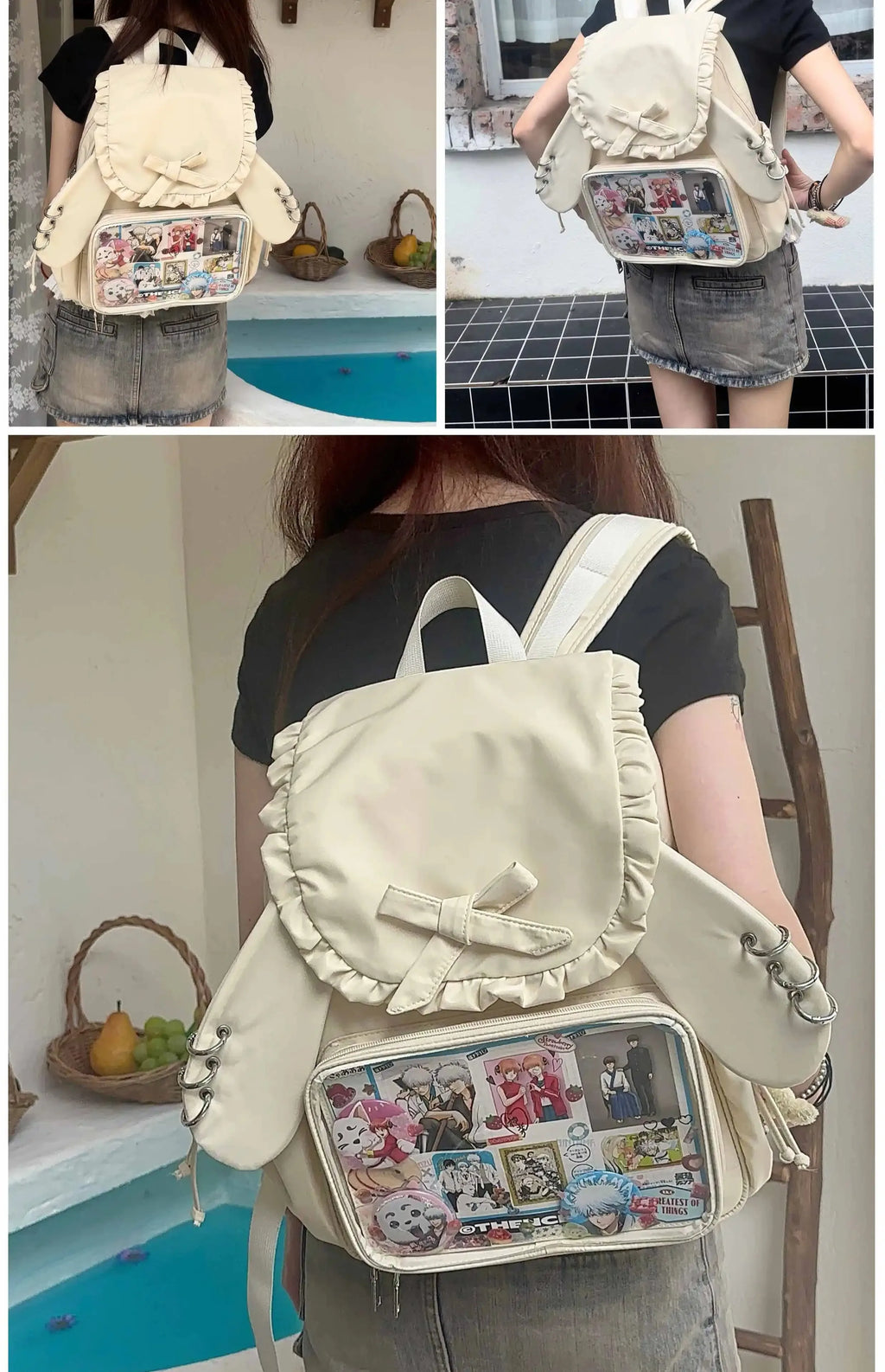 Original Two-dimensional Cute Transparent Large-capacity Backpack Women Sweet Bow Rabbit Ears Bags Preppy Style Kawaii Backpacks