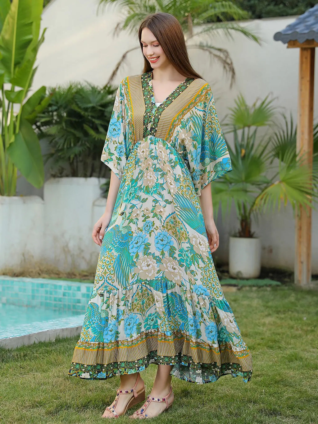 Bohemian Oversize Loose Elastic Waist Maxi Dresses Women Robe Cotton Rayon Floral Printed Long Dress Summer Boho Beach Cover up