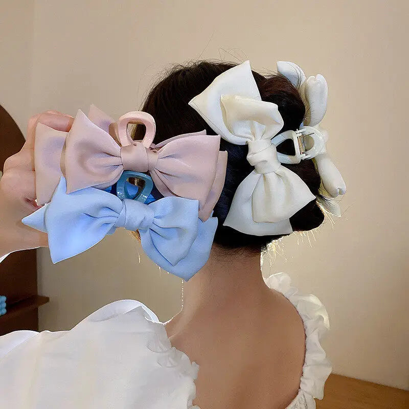 Cream Large Bow Hair Clip Claw for Women Korean Style elegant shark clip Fashion Girls Hair Clamp