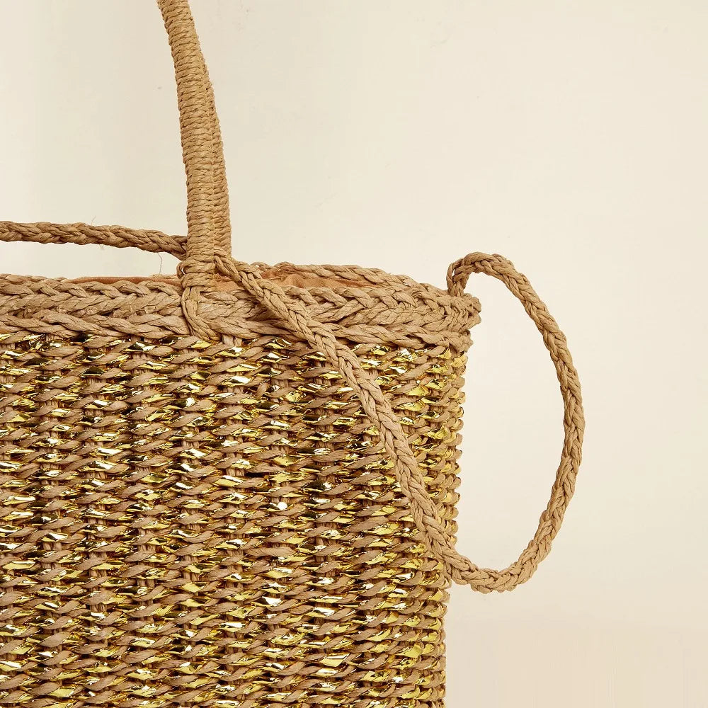 Vine woven paper grass tote basket French retro square paper rope woven bag picnic blue large capacity casual diagonal