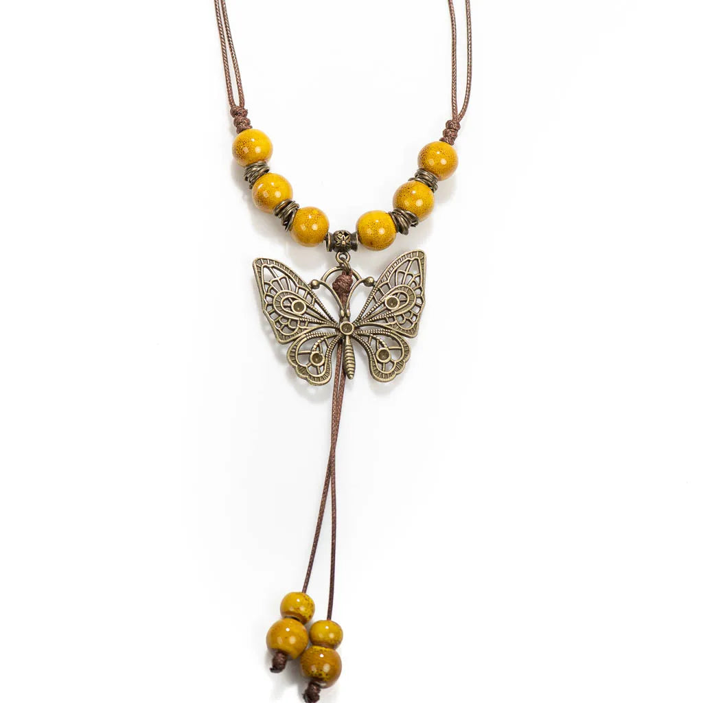 Bohemian Vintage Butterfly Necklace, Ceramic Beads, Adjustable Pendant, DIY Gift, Drop Shipping, XPF001
