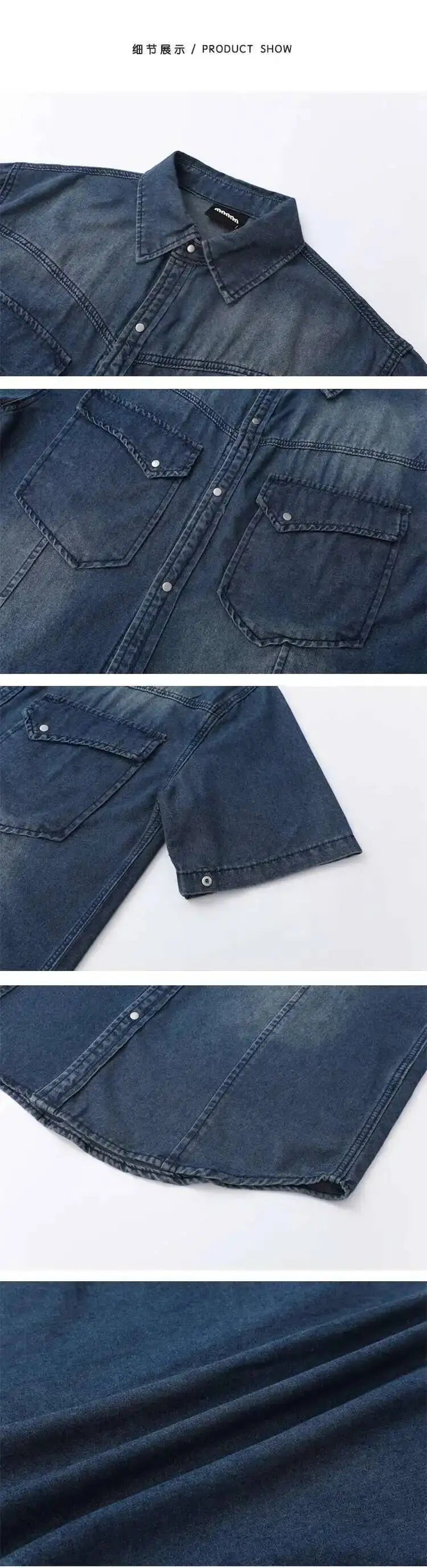 IEFB Niche Design Men's Denim Shirts Turn-down Collar Single Breasted Washing Solid Color Short Sleeved Loose Male Tops 9W2513