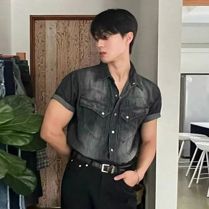 IEFB Niche Design Men's Denim Shirts Turn-down Collar Single Breasted Washing Solid Color Short Sleeved Loose Male Tops 9W2513
