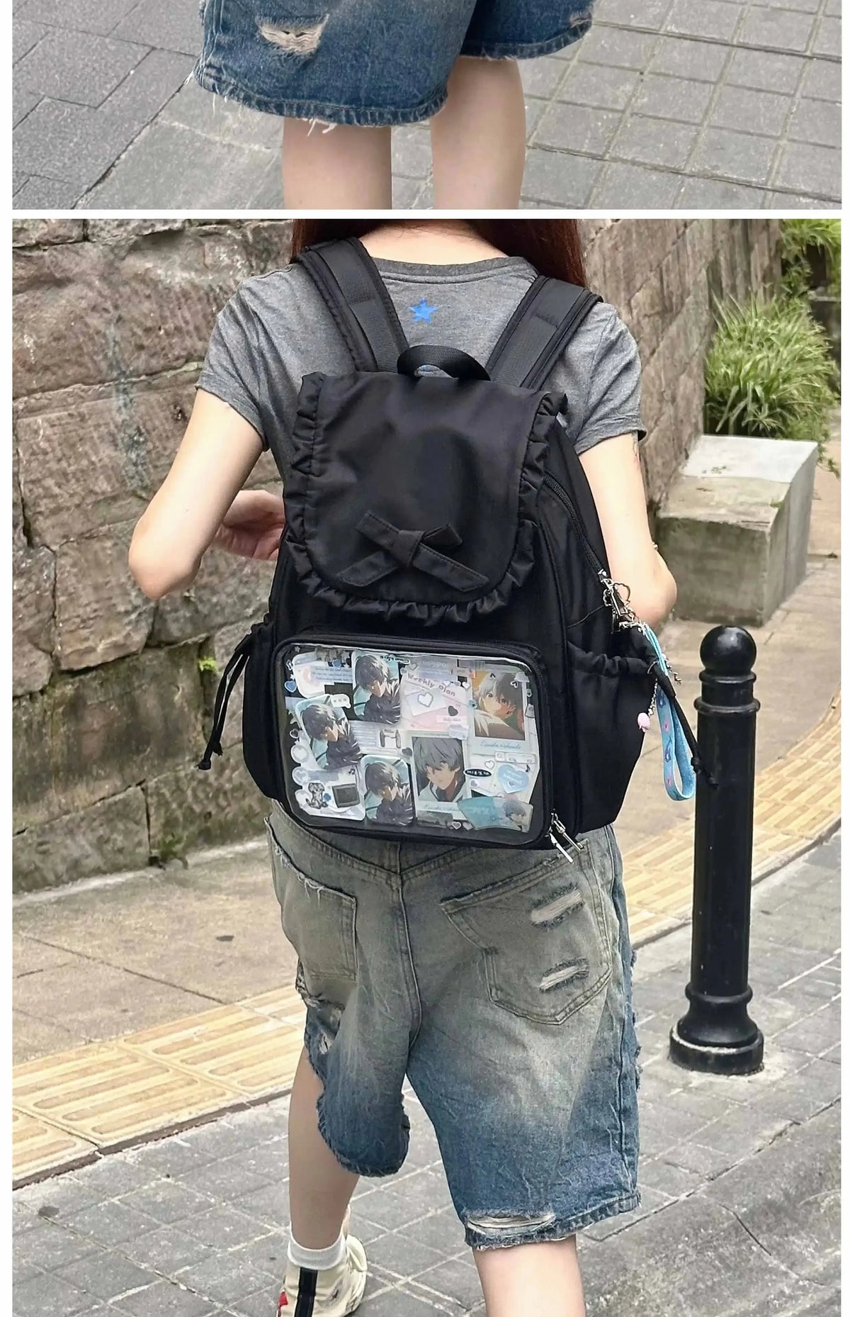Original Two-dimensional Cute Transparent Large-capacity Backpack Women Sweet Bow Rabbit Ears Bags Preppy Style Kawaii Backpacks