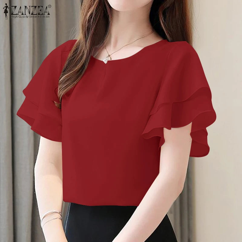 Elegant Women Short Sleeve Office Shirt ZANZEA Summer Blouse Fashion Solid OL Work Tops O Neck Blusas Tunic Ruffles Chemise