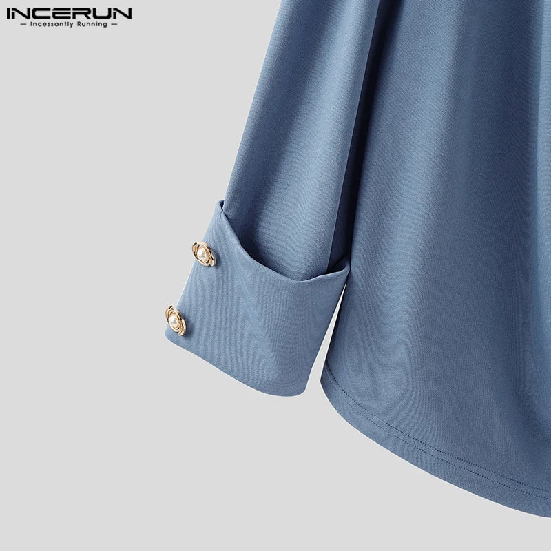 INCERUN Men Irregular Shirt V Neck Long Sleeve Solid Color Men Clothing Loose Pleated Streetwear 2025 Casual Irregular Shirts