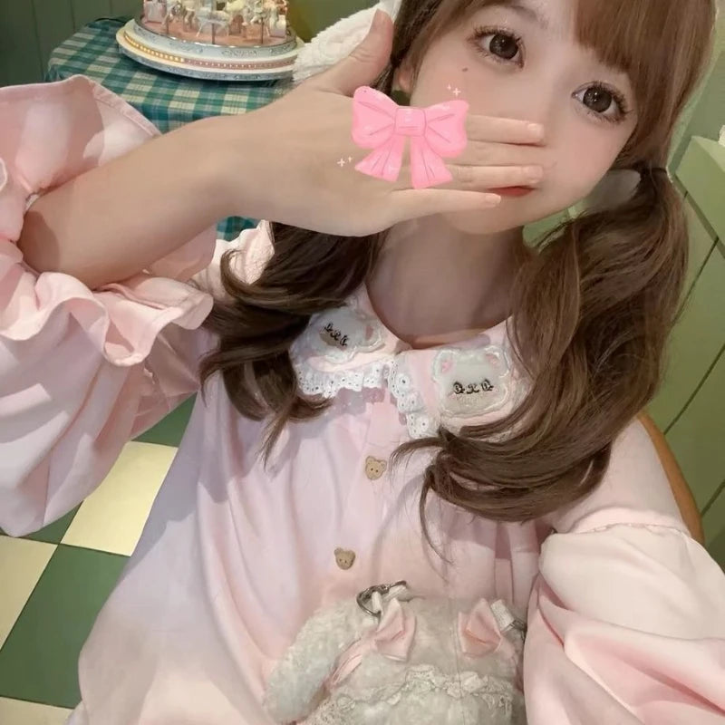 Japanese Lace Patchwork Lolita Sweet Shirt Embroidery Cartoon Kawaii Cute Blouses Harajuku Fairy Peter Pan Collar Grunge Blusas