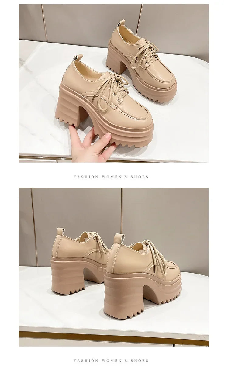 Gothic Chunky High Heels Loafers for Woman New Leather Platform Loafers Female Solid Color Thick Heeled Lolita Shoes 2024