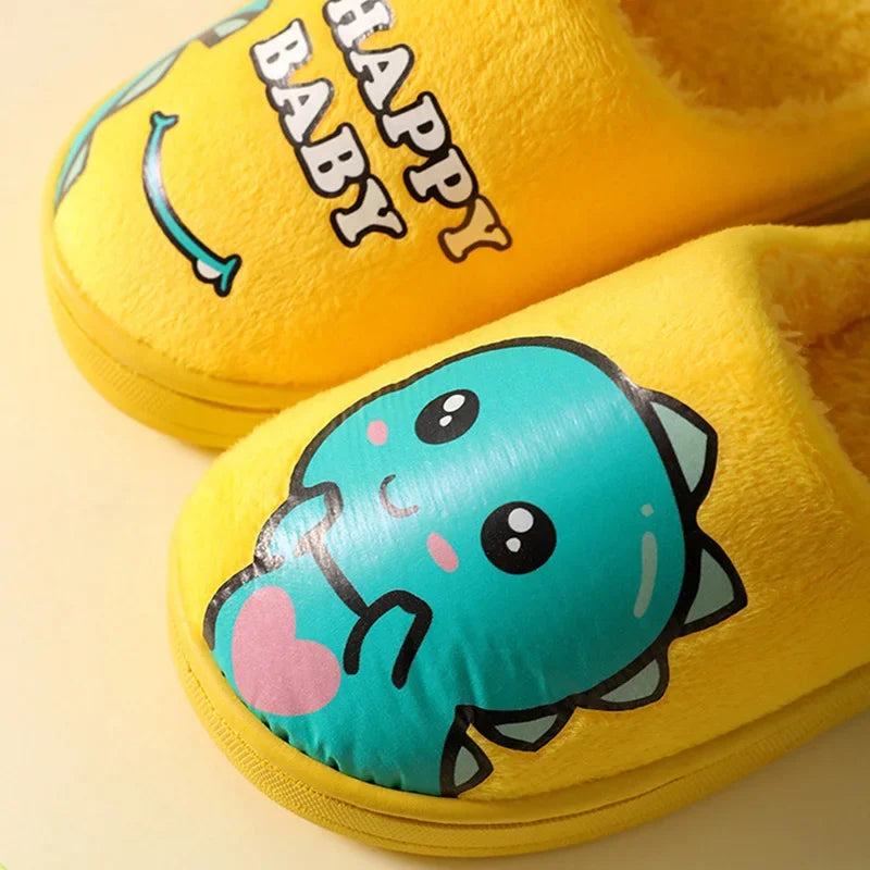 Cartoon Dinosaur Winter Warm Slippers for Kids Boys Girls Non-slip Thickness Soft Soled Slippers for Children Home Plush Shoes