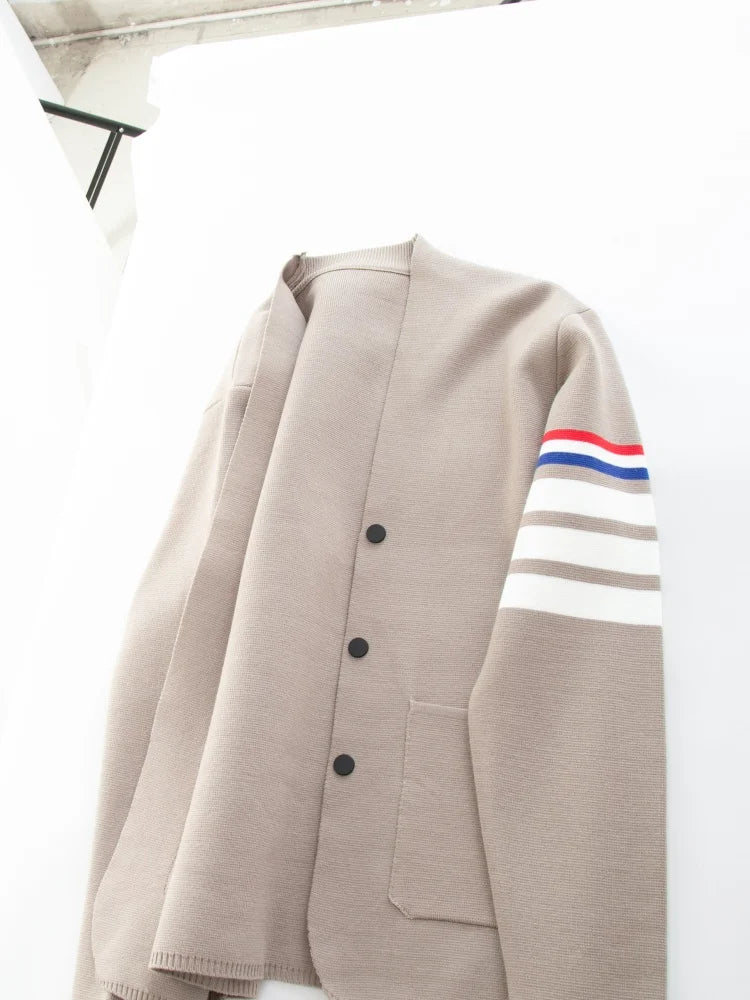 Spring Autumn New Men's V-Neck Knitted Cardigan High Quality Color Blocked Striped Breathable Pocket Sweater Versatile Menswear