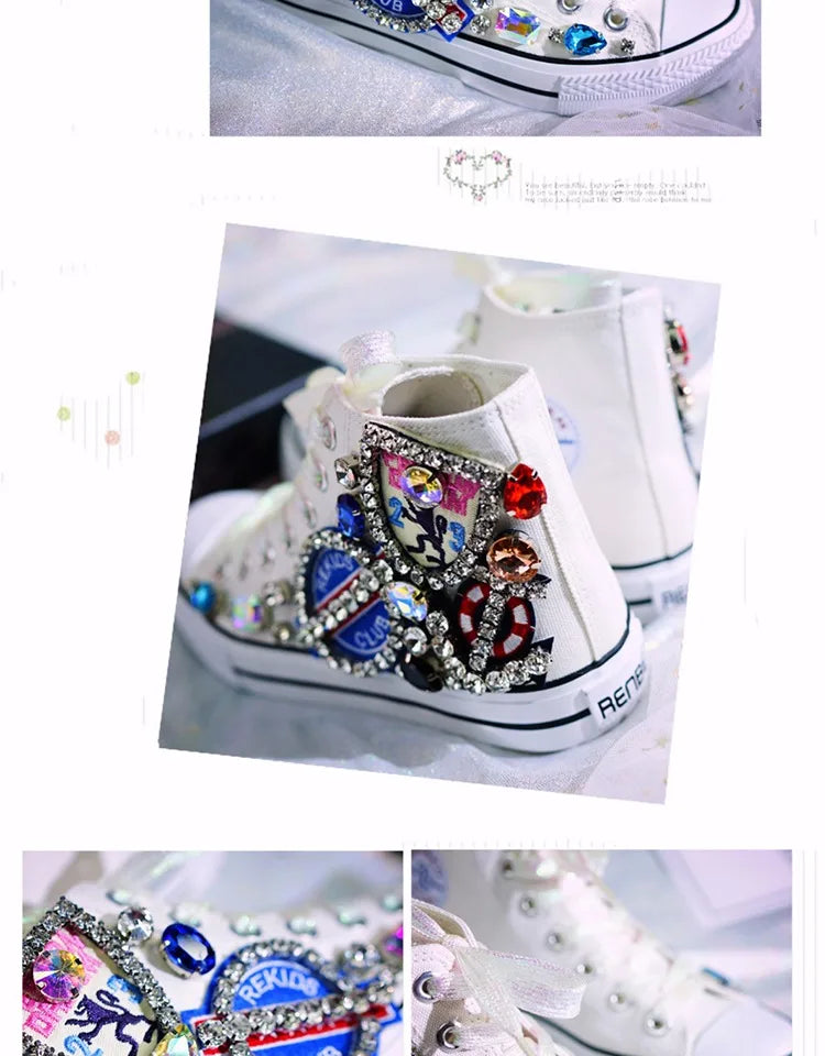 Woman Canvas Shoes Flat Platform Loafers Vulcanize Shoes Women Casual Classic Designer Brands Handmade Diamond Sneakers