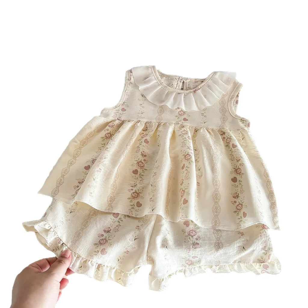 2PCS/set Sleeveless Princess Top +Pants With Floral Print Summer Thin Outfit For Baby Girls Cute Clothing