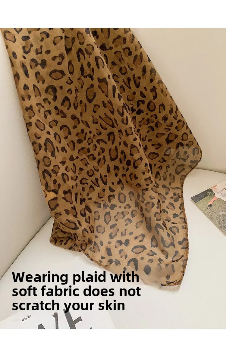 Retro Leopard Print Square Scarf for Women Satin Thin Edge Scarves Head Band Fashion Y2K Lady Hair Shawl Wrap Female Neckerchief