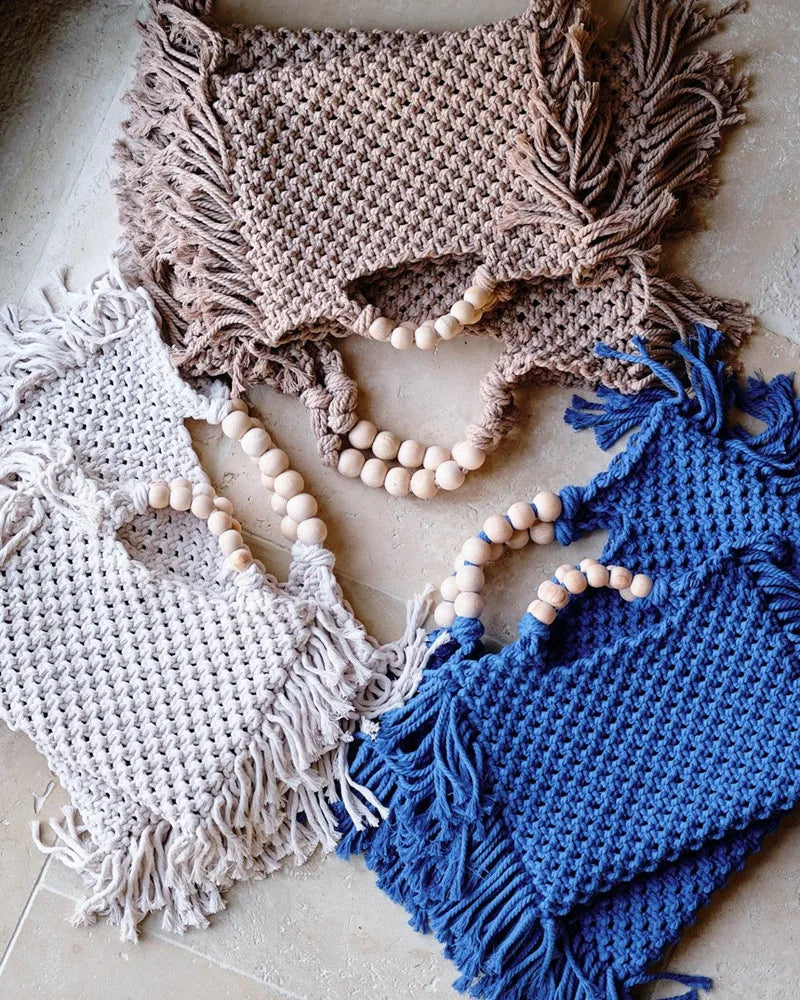 Macrame bag wholesale women Crochet boho chic Summer fringe beach tote bag ivory purple green blue black