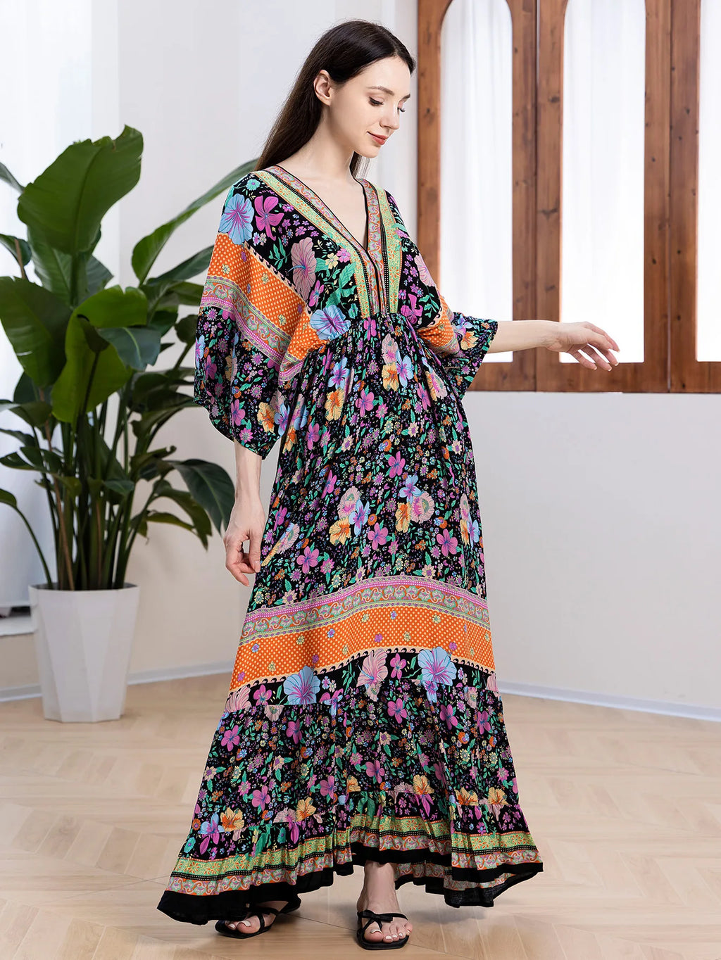 Bohemian Oversize Loose Elastic Waist Maxi Dresses Women Robe Cotton Rayon Floral Printed Long Dress Summer Boho Beach Cover up