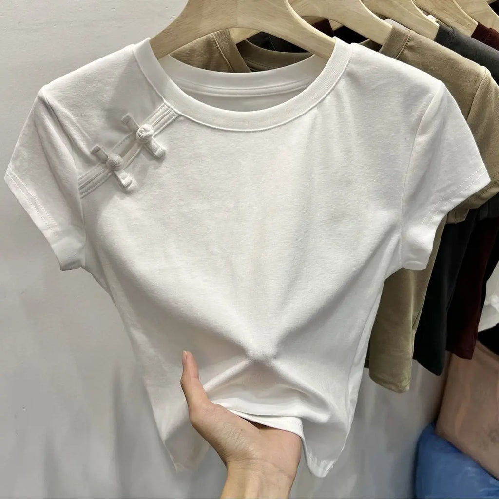 Chinese Style Summer T-shirts Women Crop Tops O-neck Gentle Buttons Soft Irregular Designed Short-sleeve Chic Pure College Retro