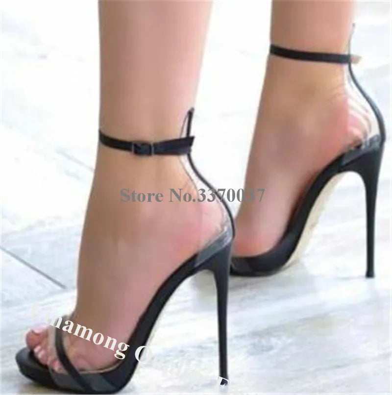 Clear PVC Patchwork Sandals Linamong Sexy Open Toe Transparent Black Leather Stiletto Heel Dress Shoes Party Club Heels