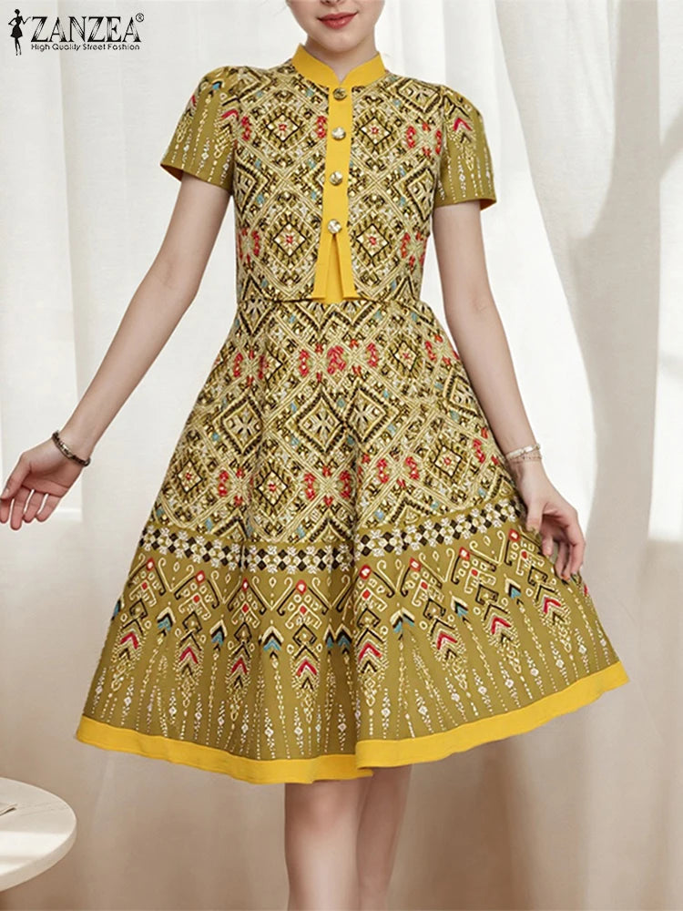 ZANZEA Vintage Geometric Print A-Line Dress Women Fake Two-Piece Stand Collar Short Sleeve Knee-Length Robes Holiday Vestidos