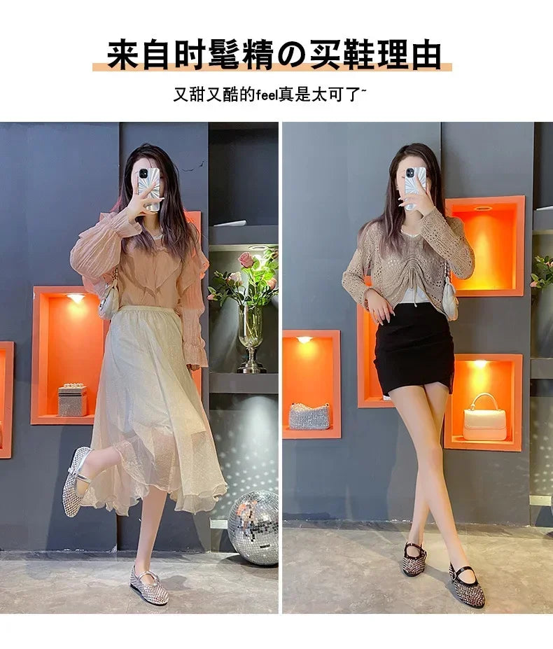 Luxury Crystal Rhinestone Fishnet Ballet Flats Woman Brand Design Rivet Mesh Mary Jane Shoes Ladies Summer Loafers Plus Size 42