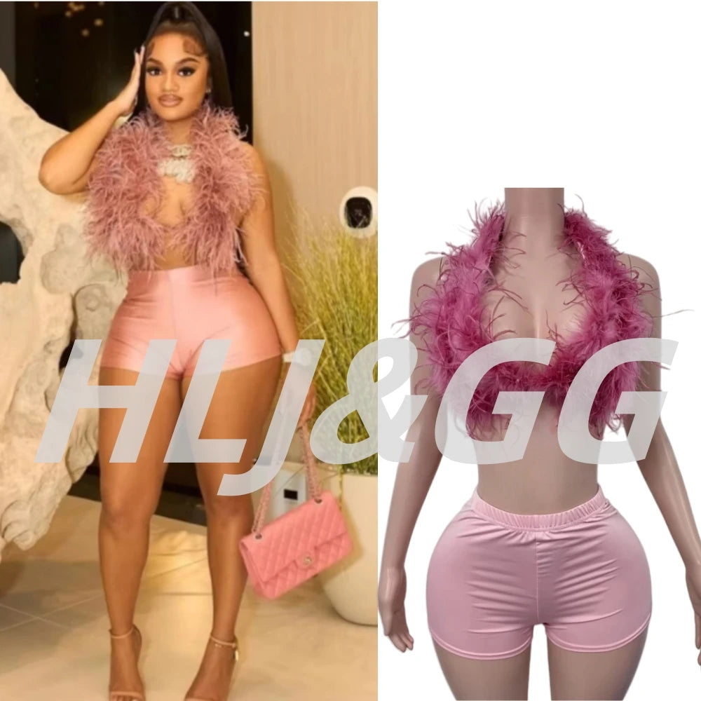 HLJ&GG Fashion Y2K Fur Hollow Out Streetwear Women Sleeveless Slim Crop Top And Shorts Outfits Female Trend 2pcs Outfits 2025