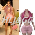 HLJ&GG Fashion Y2K Fur Hollow Out Streetwear Women Sleeveless Slim Crop Top And Shorts Outfits Female Trend 2pcs Outfits 2025