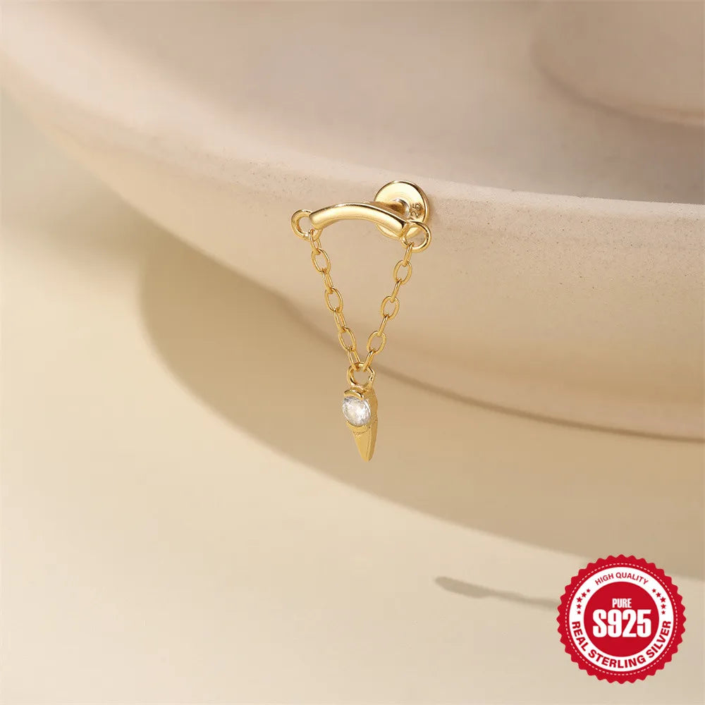 CANNER 1PC Tassel Chain Star Moon 925 Sterling Silver Flat Head Piercing Earring For Woman Ins 14K Gold Plated Dainty Jewelry