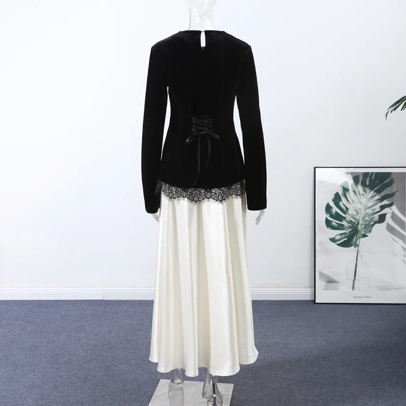 Elegant Lace Velvet Patchwork Women Top Flare Long Sleeve O-neck Split Female Blouse 2026 Spring Summer Lady Clothes New
