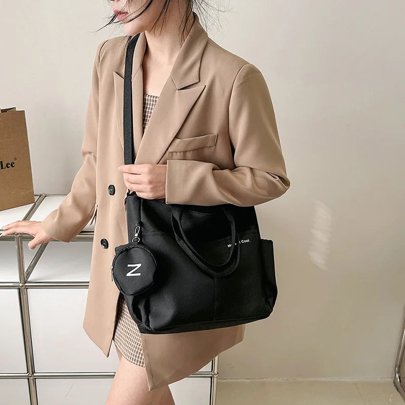 Oxford Design Double Sided Pocket Tote Bag Teen Women Large Capacity Handbag Single Shoulder Crossbody Bag with Round Coin Purse