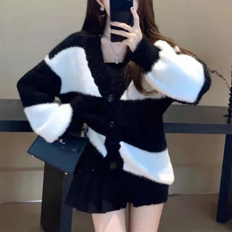 Women Mink Fur Knitted Cardigans Sweaters Autumn Winter Loose Sweet Fashion Stripe Lantern Sleeve Thicken Contrast Color Coats