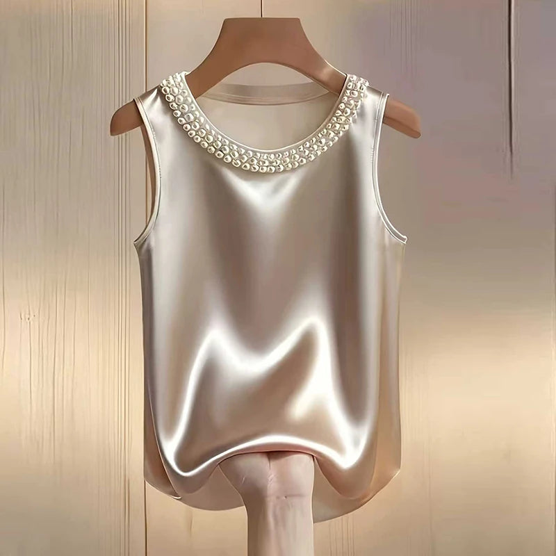 Elegant Satin Shirt Women Summer Bead Design Silk Blouse Women T-Shirts Fashion Loose Vest Women Tank Tops Fashion Lady Tee