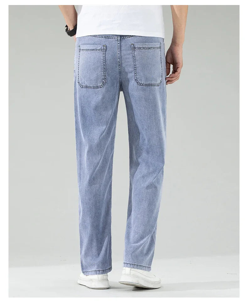 Lyocell Men's Black Jeans Summer Thin Loose Straight Soft Ice Silk Casual business Denim Pants male Elastic Wide Trousers
