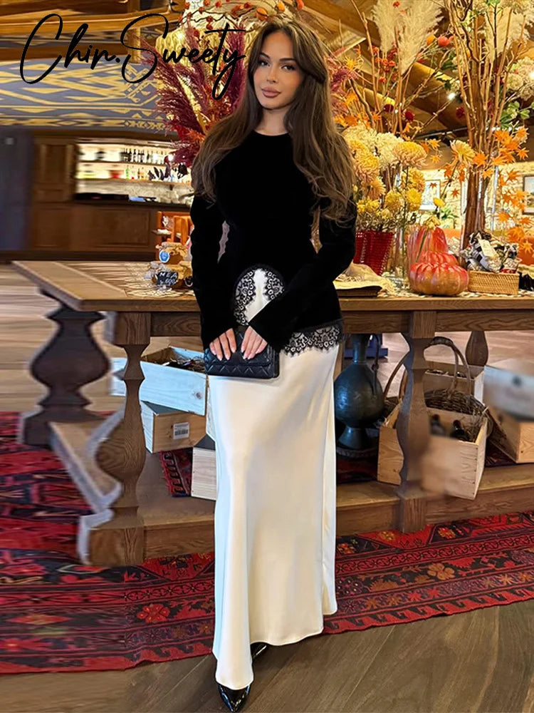 Elegant Lace Velvet Patchwork Women Top Flare Long Sleeve O-neck Split Female Blouse 2026 Spring Summer Lady Clothes New