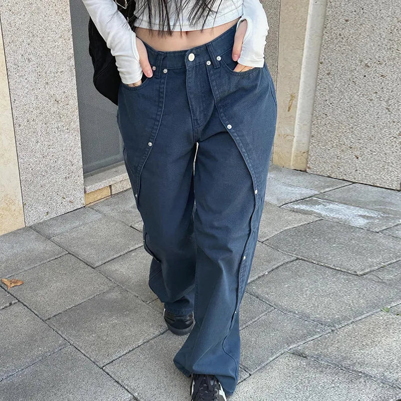 BKQU Fashion Straight Wide Leg Pants Women Baggy Jeans 2024 New American High Waist Irregular Rivets Design Wash Denim Trousers
