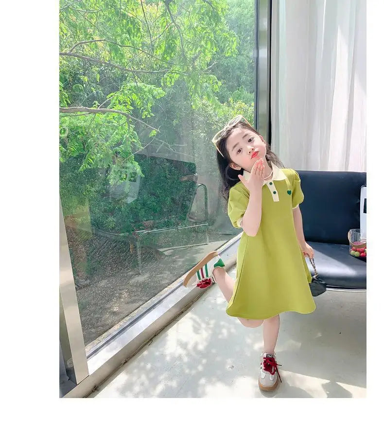 2025 New Children's Dress Girls' Summer Korean Edition Fashion Casual Striped Collar Short sleeved Dress1-10Y