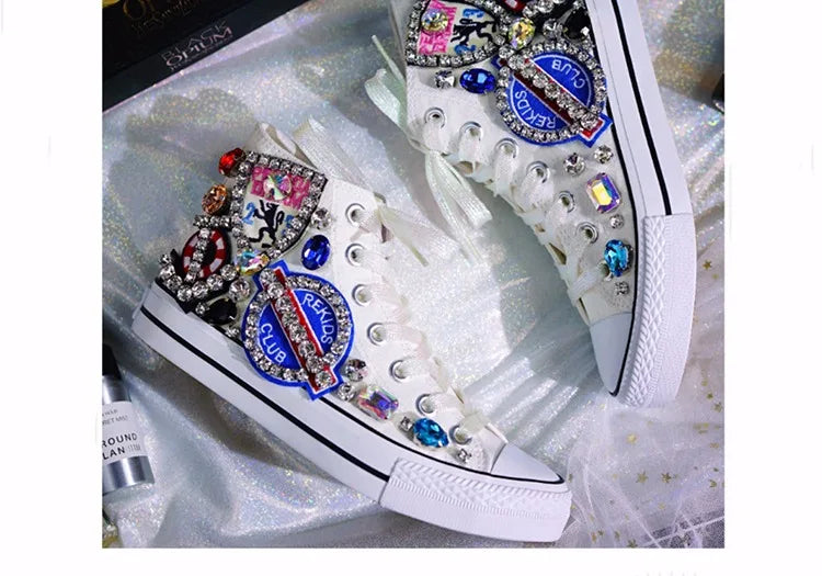 Woman Canvas Shoes Flat Platform Loafers Vulcanize Shoes Women Casual Classic Designer Brands Handmade Diamond Sneakers