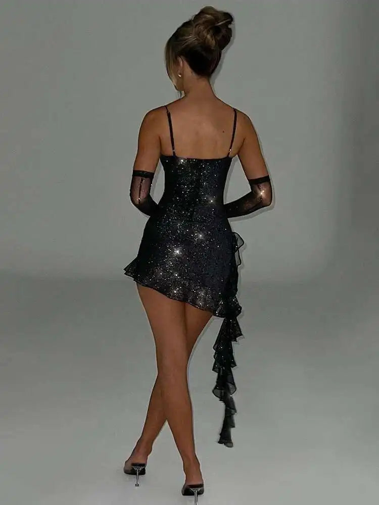 Townlike Backless Sparkle Glittar Sexy Party Dress Women Strapless Mini 2023 Summer Dress Ribbon Ruffles Slim Bodycon Dresses