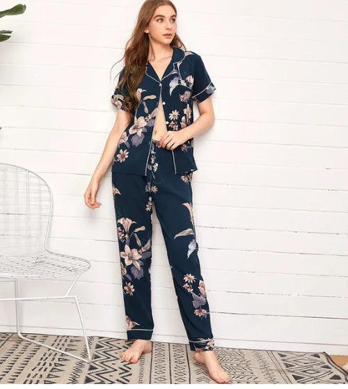 Starry Sky And Floral Printed Women Pajamas Set Comfort Viscose Full Sleeve Homewear Ladies Tender Casual Wear For Spring